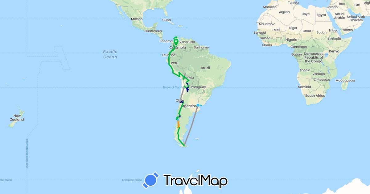 TravelMap itinerary: driving, bus, plane, boat, hitchhiking in Argentina, Bolivia, Chile, Colombia, Ecuador, Peru, Uruguay (South America)